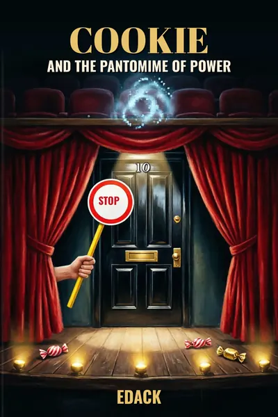 Cover of Cookie and the Pantomime of Power by EDACK: a lollipop lady's STOP sign in front of the door of Number 10, between red theatre curtains