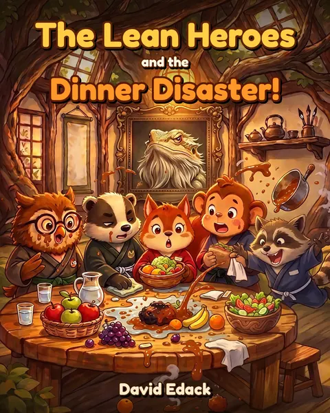 Cover of The Lean Heroes and the Dinner Disaster by David Edack: five woodland friends around a messy dinner table