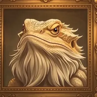 Master Taff, the wise bearded dragon from the Lean Heroes, in a gold picture frame