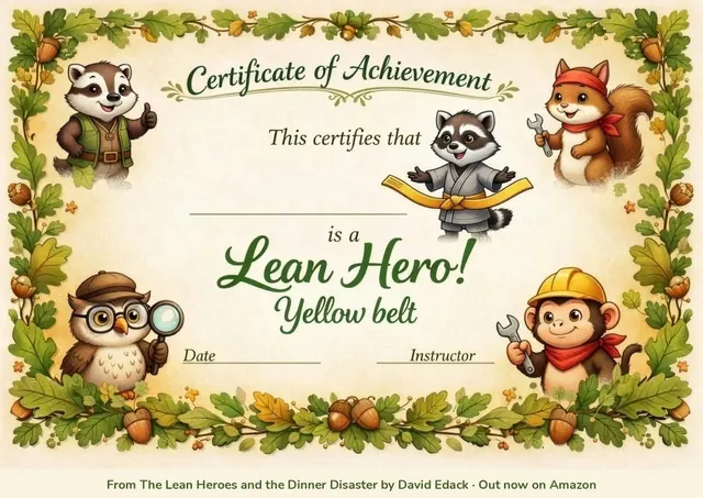Preview of the free Lean Hero Yellow Belt certificate: a Certificate of Achievement with a space for a name, surrounded by the Lean Heroes characters and oak leaves